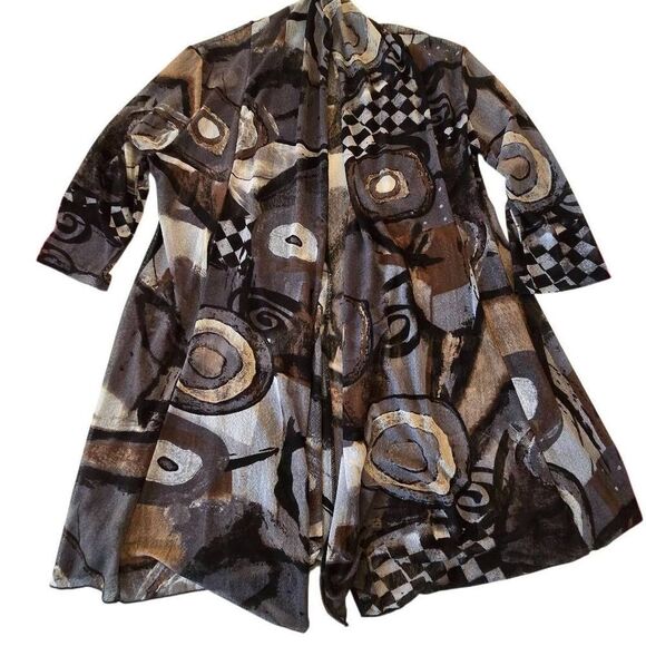 Whispers Womens Open Front Gray Black Print Mesh Cardigan Duster Top Large - Picture 3 of 10